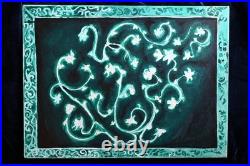 Original Green Teal Flower Painting In Painted Frame Acrylic On Canvas 16x24
