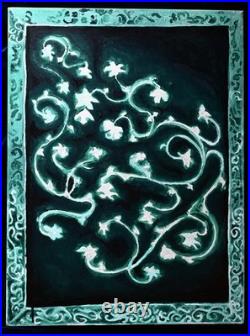 Original Green Teal Flower Painting In Painted Frame Acrylic On Canvas 16x24
