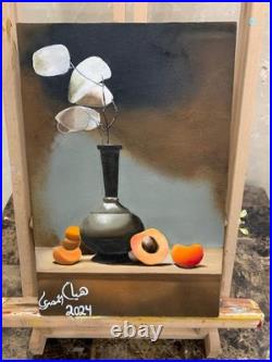 Original Hand-Painted Canvas Still Life Flowers Apricot Fruit Vintage Vase Art