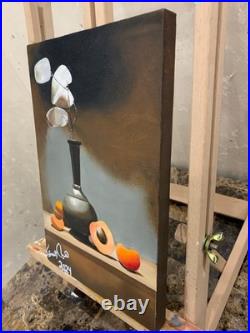 Original Hand-Painted Canvas Still Life Flowers Apricot Fruit Vintage Vase Art