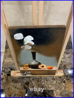 Original Hand-Painted Canvas Still Life Flowers Apricot Fruit Vintage Vase Art
