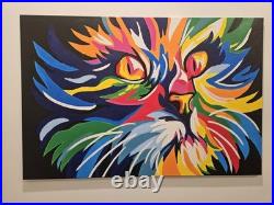 Original Handpainted Feline Cat Portrait Pop Art On Canvas 36x24x1 Inches