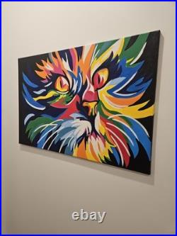 Original Handpainted Feline Cat Portrait Pop Art On Canvas 36x24x1 Inches