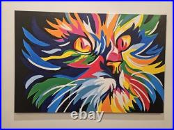 Original Handpainted Feline Cat Portrait Pop Art On Canvas 36x24x1 Inches