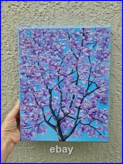Original Impasto Oil Painting on Canvas Blue Jacaranda Tree Blossom Wall Art