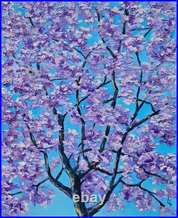 Original Impasto Oil Painting on Canvas Blue Jacaranda Tree Blossom Wall Art