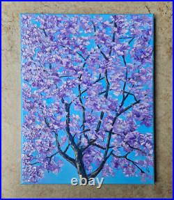 Original Impasto Oil Painting on Canvas Blue Jacaranda Tree Blossom Wall Art