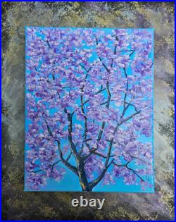 Original Impasto Oil Painting on Canvas Blue Jacaranda Tree Blossom Wall Art
