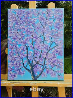 Original Impasto Oil Painting on Canvas Blue Jacaranda Tree Blossom Wall Art
