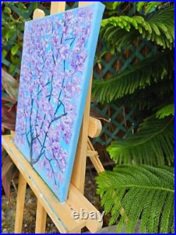 Original Impasto Oil Painting on Canvas Blue Jacaranda Tree Blossom Wall Art