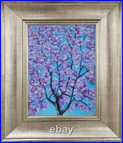 Original Impasto Oil Painting on Canvas Blue Jacaranda Tree Blossom Wall Art