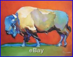 Original Indian Western Art Buffalo Bison Oil Painting on CanvasSigned 30 X 40
