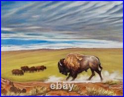 Original Indian Western Art Oil Painting Of American Bison Grassland