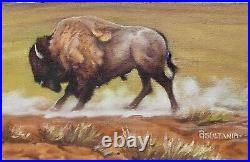 Original Indian Western Art Oil Painting Of American Bison Grassland