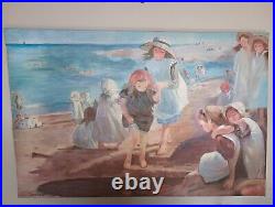 Original Juan Rosell Impressionism Beach Scene Painting On Canvas Signed 23X35