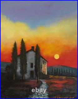 Original Landscape Acrylic Painting Sunset House Canvas 19.7x15.7