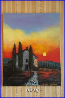 Original Landscape Acrylic Painting Sunset House Canvas 19.7x15.7