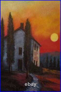 Original Landscape Acrylic Painting Sunset House Canvas 19.7x15.7