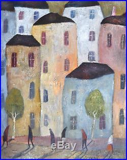 Original Large Oil on canvas 30 x 24 in.'Buildings and Figures