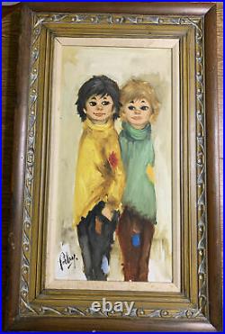 Original MidCentury Painting By Faby Acrylic On Canvas Big Eyes Style Children