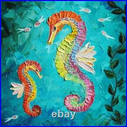 Original Oil Canvas Painting Happy Seahorses Art by Ukrainian Artist