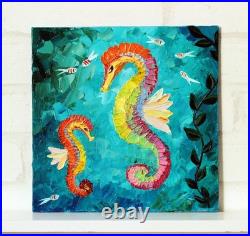 Original Oil Canvas Painting Happy Seahorses Art by Ukrainian Artist