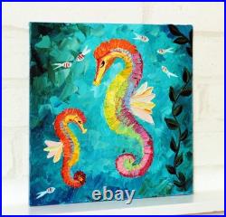 Original Oil Canvas Painting Happy Seahorses Art by Ukrainian Artist