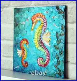 Original Oil Canvas Painting Happy Seahorses Art by Ukrainian Artist