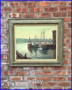 Original Oil On Canvas By Gloucester Artist Maria Liszt. Ships In Harbor. Signed