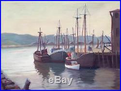 Original Oil On Canvas By Gloucester Artist Maria Liszt. Ships In Harbor. Signed