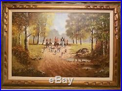 Original Oil On Canvas Fox Hunt Signed W. Wallern Vintage With Frame