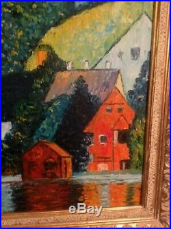 Original Oil On Canvas Framed Fauvist Van Gogh Styled Golden Frame Houses Lake
