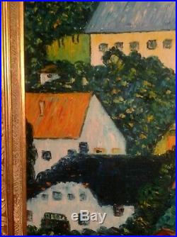 Original Oil On Canvas Framed Fauvist Van Gogh Styled Golden Frame Houses Lake
