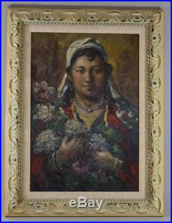 Original Oil On Canvas Indian Woman With Flowers By Artist Ibrahim Safi Framed