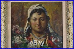 Original Oil On Canvas Indian Woman With Flowers By Artist Ibrahim Safi Framed