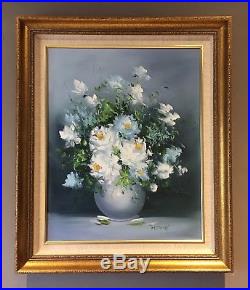 Original Oil On Canvas Painting Picture Still Life White Flowers In Vase Signed