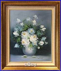 Original Oil On Canvas Painting Picture Still Life White Flowers In Vase Signed