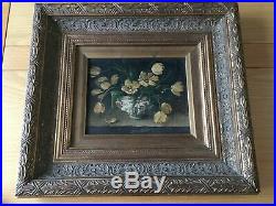 Original Oil On Canvas Vintage Ornate Frame Still Life Flowers In Pot Vase Vtg