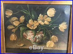 Original Oil On Canvas Vintage Ornate Frame Still Life Flowers In Pot Vase Vtg