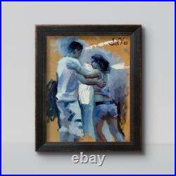 Original Oil Painting 10x8 Blue Dancing Couple Figurative Expressionism