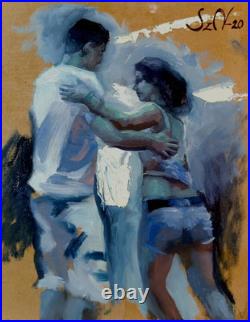 Original Oil Painting 10x8 Blue Dancing Couple Figurative Expressionism