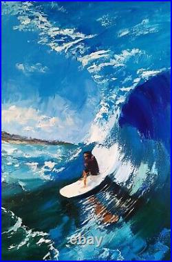 Original Oil Painting Big Sea Wave And Surfer Art on Canvas Modern Hand Painted
