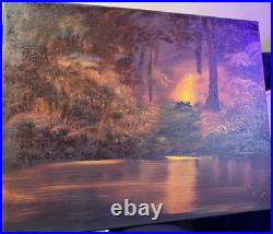 Original Oil Painting Campfire Forest In The Night Time