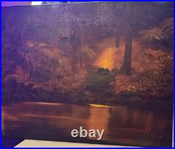 Original Oil Painting Campfire Forest In The Night Time