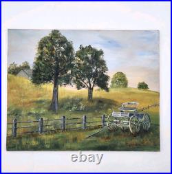 Original Oil Painting Farm Scene Horse Drawn Wagon Cart Fence Tree Hillside Art