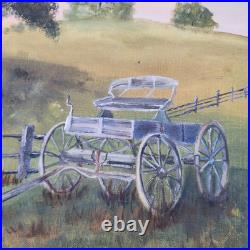 Original Oil Painting Farm Scene Horse Drawn Wagon Cart Fence Tree Hillside Art