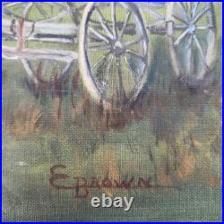 Original Oil Painting Farm Scene Horse Drawn Wagon Cart Fence Tree Hillside Art