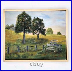 Original Oil Painting Farm Scene Horse Drawn Wagon Cart Fence Tree Hillside Art