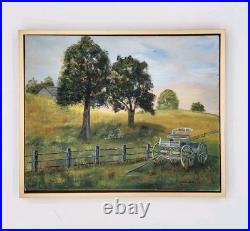 Original Oil Painting Farm Scene Horse Drawn Wagon Cart Fence Tree Hillside Art