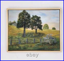Original Oil Painting Farm Scene Horse Drawn Wagon Cart Fence Tree Hillside Art